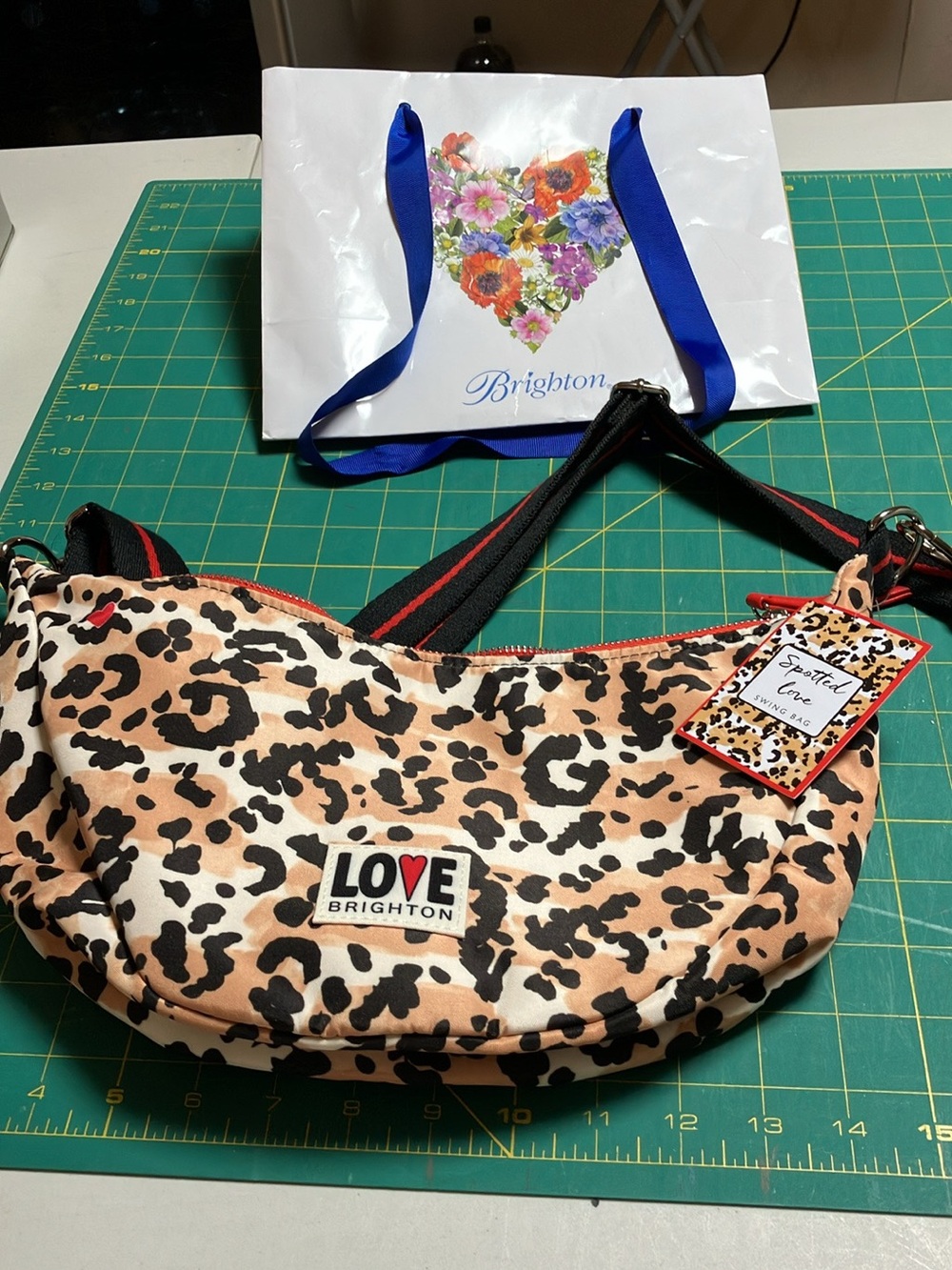 NWT  Brighton LOVE Leopard-Print Canvas Shoulder Bag in Tan and Black